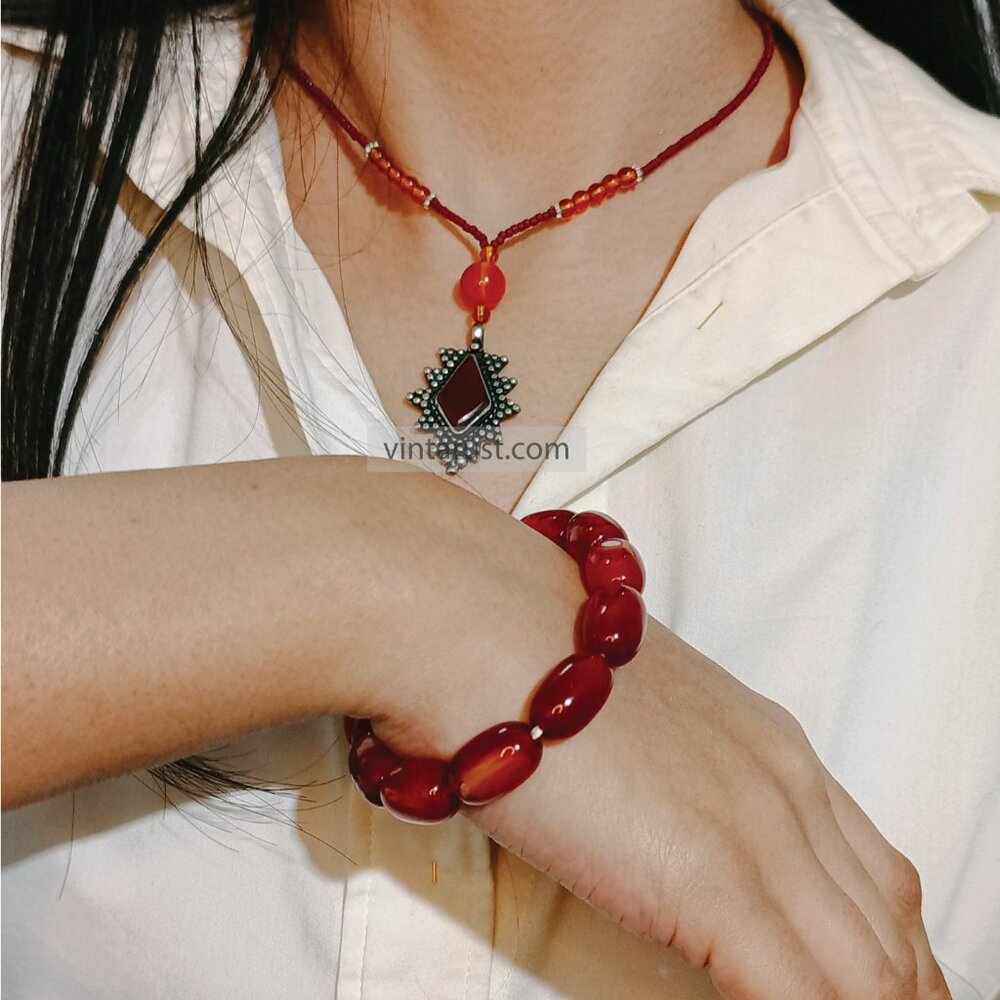 Handmade Tribal Pendant Necklace with Beaded Bracelet: Bohemian Jewelry Set